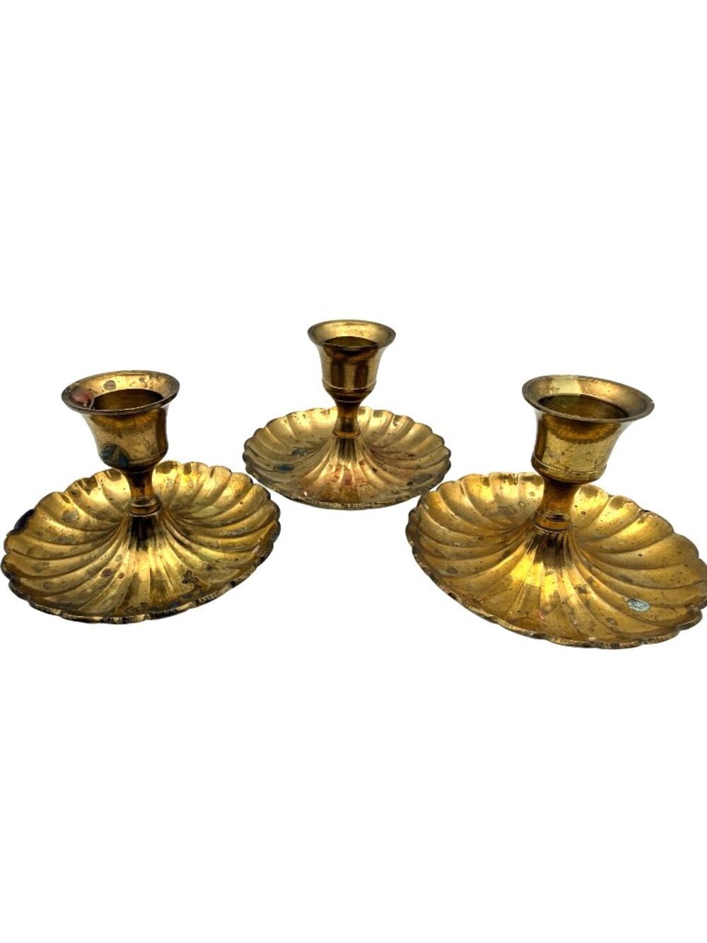 Vintage Solid Brass Candlestick Holders Chamberstick Scalloped Base 2.5" Set 3